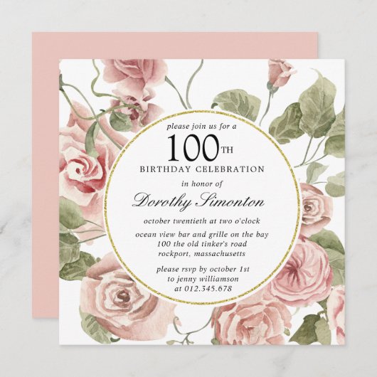 Dusty Pink Rose Floral 100. Geburtstag Einladung (Vorne/Hinten)