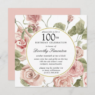 Dusty Pink Rose Floral 100. Geburtstag Einladung