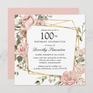 Dusty Pink Rose Floral 100. Geburtstag Einladung