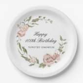 Dusty Pink Rose Floral 100. Geburtstag Pappteller (Vorderseite)