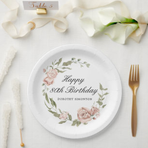 Dusty Pink Rose Floral 80. Geburtstag Pappteller