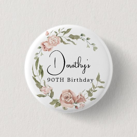Dusty Pink Rose Floral 90. Geburtstag Button (Vorderseite)