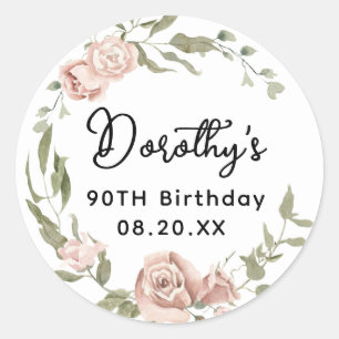 Dusty Pink Rose Floral 90. Geburtstag Umschlag Auf Runder Aufkleber
