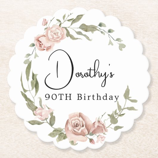 Dusty Pink Rose Floral 90. Geburtstag Untersetzer (Vorderseite)