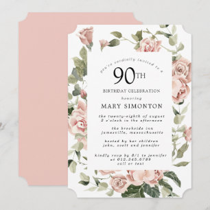 Dusty Pink Rose Floral 90. Geburtstagsparty Einlad Einladung