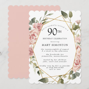 Dusty Pink Rose Floral 90. Geburtstagsparty Einladung