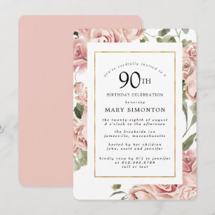 Dusty Pink Rose Floral 90 Gold Geburtstagsparty Einladung