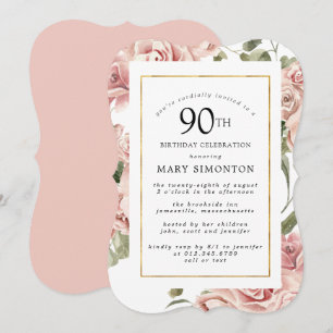 Dusty Pink Rose Floral 90 Gold Geburtstagsparty Einladung