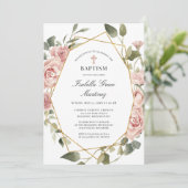 Dusty Pink Rose Floral Elegante Taufe Einladung (Stehend Vorderseite)