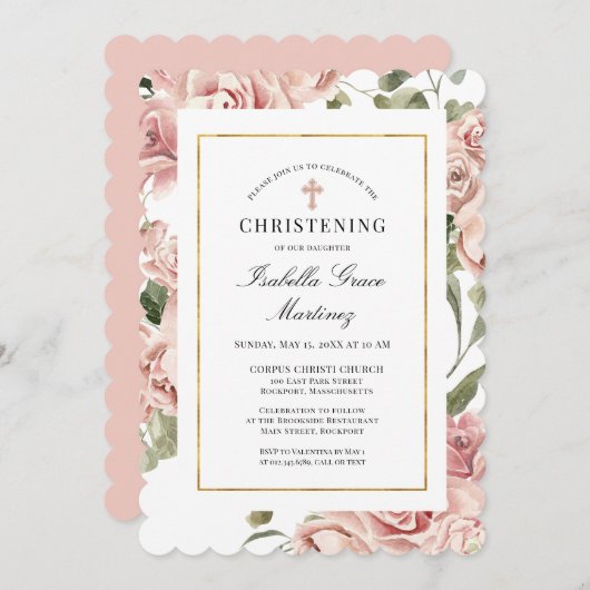 Dusty Pink Rose Floral Elegantes Christening Einladung (Vorne/Hinten)