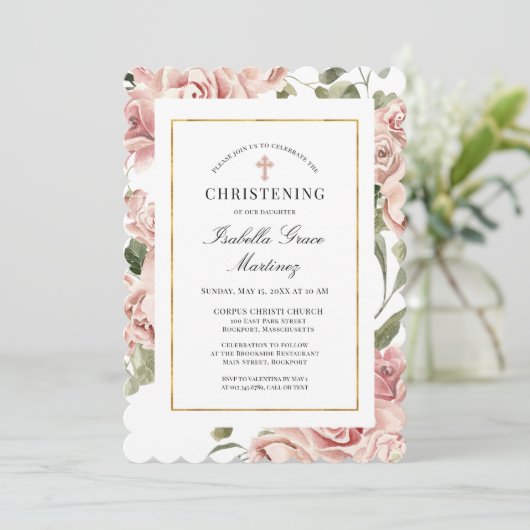 Dusty Pink Rose Floral Elegantes Christening Einladung (Stehend Vorderseite)