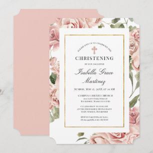 Dusty Pink Rose Floral Elegantes Christening Einladung