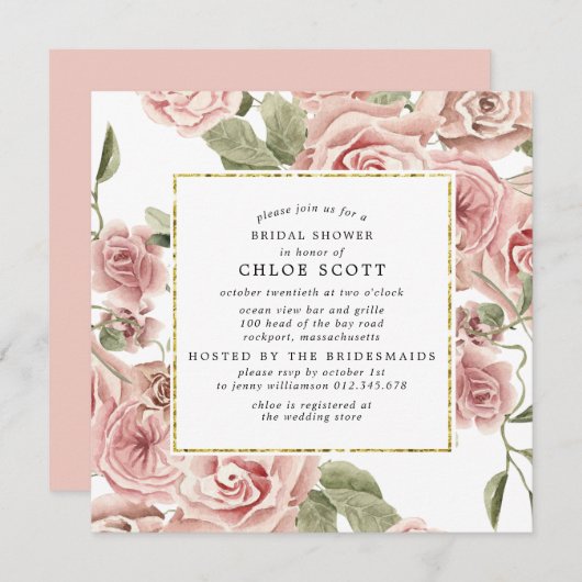 Dusty Pink Rose Floral Gold Brautparty Einladung (Vorne/Hinten)