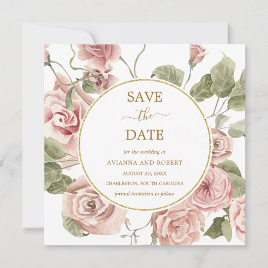Dusty Pink Rose Floral Gold Rahmen Save The Date (Vorderseite)