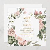 Dusty Pink Rose Floral Gold Save the Date (Vorne/Hinten)