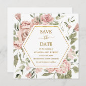 Dusty Pink Rose Floral Gold Save the Date (Vorne/Hinten)
