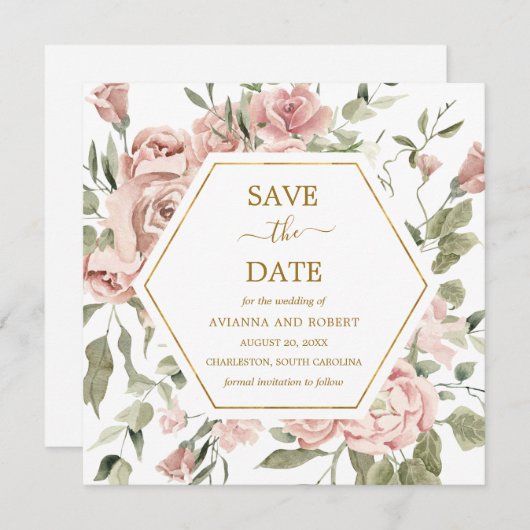 Dusty Pink Rose Floral Gold Save the Date (Vorne/Hinten)