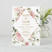 Dusty Pink Rose Floral Gold Save the Date (Stehend Vorderseite)
