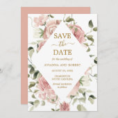 Dusty Pink Rose Floral Gold Save the Date (Vorne/Hinten)