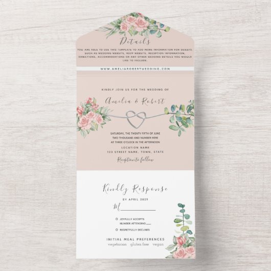 Dusty Pink Rose Floral Wedding All In One Einladung (Innen Boden)
