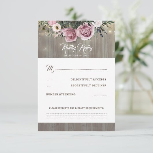 Dusty Pink Rose Floral Wedding RSVP (Stehend Vorderseite)