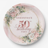 Dusty Pink Rose Gold Floral 50th Birthday Dinner   Pappteller (Vorderseite)