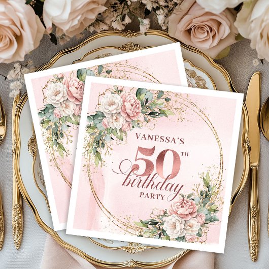 Dusty Pink Rose Gold Floral 50th Birthday Dinner Serviette