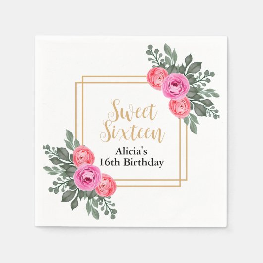 Dusty Pink Rose Greenery Botanical Gold Sweet 16 Serviette (Vorderseite)