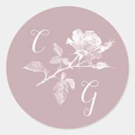 Dusty Pink Rose Line Art Monogram Wedding Runder Aufkleber