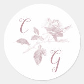Dusty Pink Rose Line Art Monogram Wedding Runder Aufkleber (Vorderseite)
