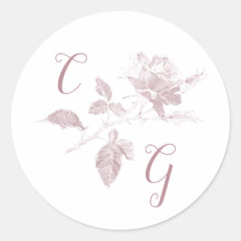 Dusty Pink Rose Line Art Monogram Wedding Runder Aufkleber