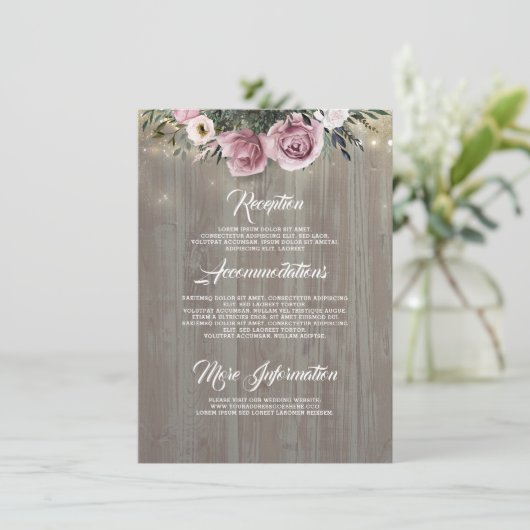 Dusty Pink Rose Rustic Country Wedding Details Begleitkarte (Stehend Vorderseite)