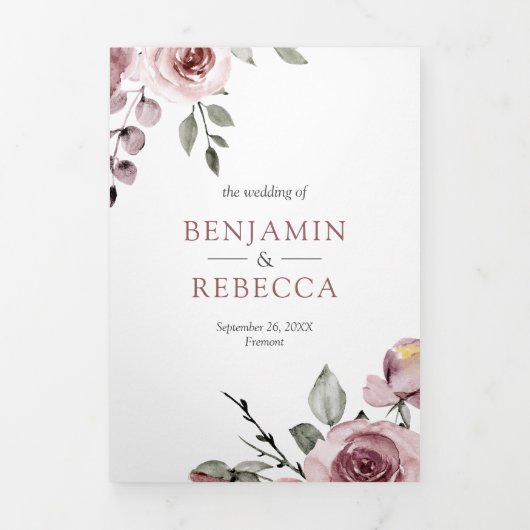 Dusty Pink Roses All in One QR Code Wedding Dreifach Gefaltete Einladung (Cover)