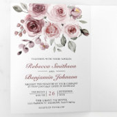 Dusty Pink Roses All in One QR Code Wedding Dreifach Gefaltete Einladung (Innen Erste Seite)