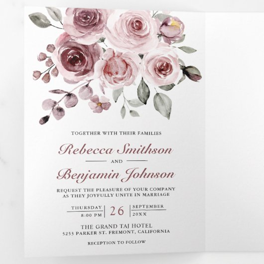 Dusty Pink Roses All in One QR Code Wedding Dreifach Gefaltete Einladung (Innen Erste Seite)