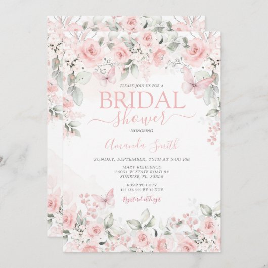 Dusty Pink Roses Bridal Dusche Einladung (Vorne/Hinten)