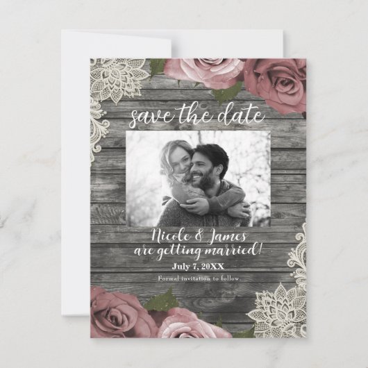 Dusty Pink Roses & Cream Lace Grau Save the Date Einladung (Vorderseite)