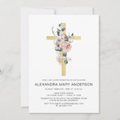 Dusty Pink Roses Cross Blumentaufen Einladung (Vorderseite)