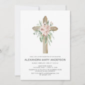 Dusty Pink Roses Cross Blumentaufen Einladung (Vorderseite)