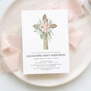 Dusty Pink Roses Cross Blumentaufen Einladung