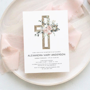Dusty Pink Roses Cross Blumentaufen Einladung