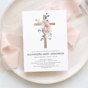 Dusty Pink Roses Cross Blumentaufen Einladung