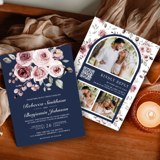 Dusty Pink Roses Foto Navy Blue QR Code Hochzeit Einladung