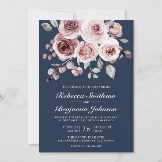 Dusty Pink Roses Foto Navy Blue QR Code Hochzeit Einladung (Vorderseite)