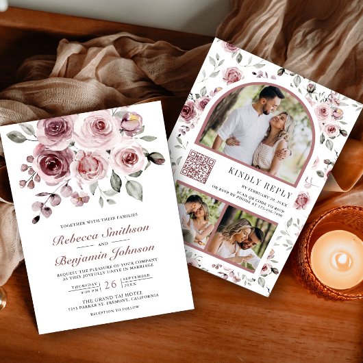 Dusty Pink Roses Foto QR Code Hochzeit Einladung