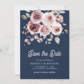 Dusty Pink Roses Foto QR Code Navy Blue Wedding Save The Date (Vorderseite)