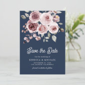 Dusty Pink Roses Foto QR Code Navy Blue Wedding Save The Date (Stehend Vorderseite)