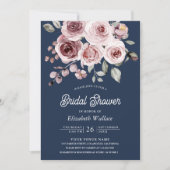 Dusty Pink Roses Foto QR Code Navy Brautparty Einladung (Vorderseite)