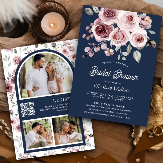 Dusty Pink Roses Foto QR Code Navy Brautparty Einladung