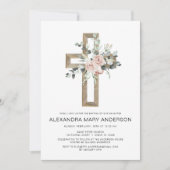 Dusty Pink Roses Gold Cross Blumentaufen Einladung (Vorderseite)